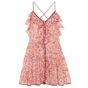 Poupette St Barth 'Tamara' Ruffle-Trim Floral-Print Mini Dress, Peach Lilac